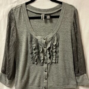 BKE Gray Ruffle Button-Front Knit Top